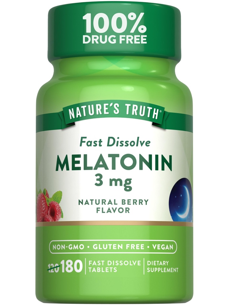 Nature 's Truth Melatonin 3 mg szybko rozpuszczalne tabletki 124; 180 Hrabia 124; Natural Berry Flavor Agregat 124; Wegan, Non-GMO & Gluten