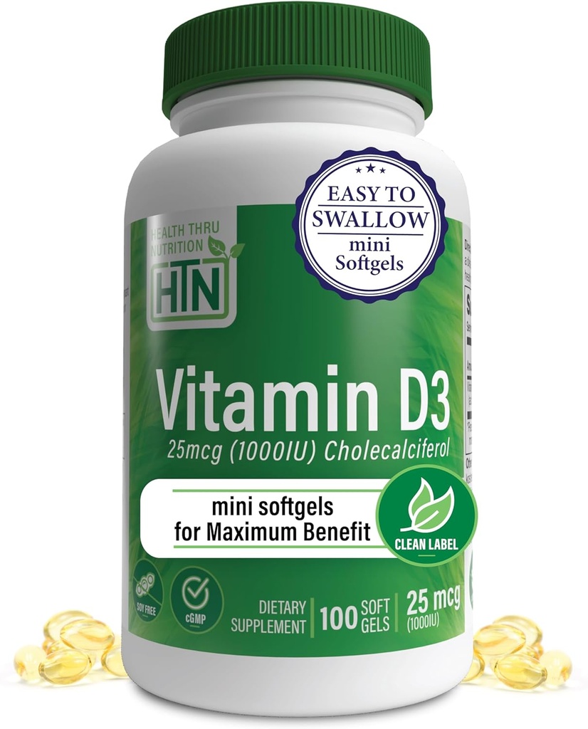 Zdrowie Thru Nutrition Witamina D3 1000 iu 100 Mini Softgele dla maksymalnych korzyści 124; 25mcg Cholecalciferol 124; 3. strona Tested 124; Non-GMO USP Stopień jakości ekologicznej EVOO 124; Wsparcie dla zdrowia immunologicznego