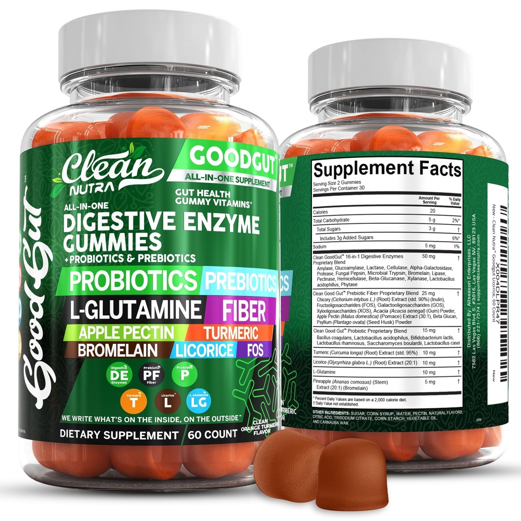 Czysty Nutraceuticals Digestive Enzymes z Probiotyki i Prebiotyki dla Gummies Digestive Health & L- Glutamina dla Gut Health Bromelain Jabłko Pectin Inulina FOS Roślina na bazie Wegan Gummy Witaminy