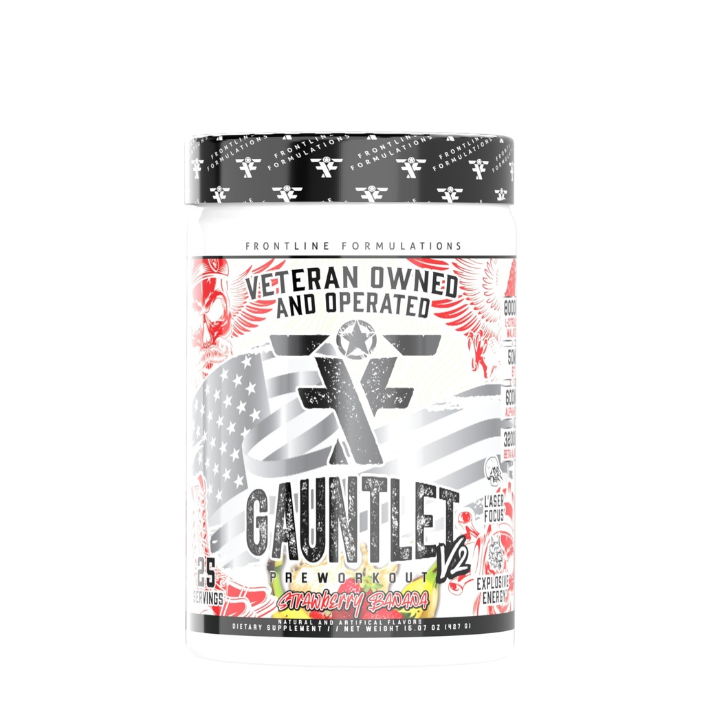 Gauntlet Pre- Workout Powder, Explosive Workouts, Laser Focus, Mid Stim, Amazing Flavor, Weteran Owned and Operated, Packaging May Vary (25 Służenia, Strawberry Banana)