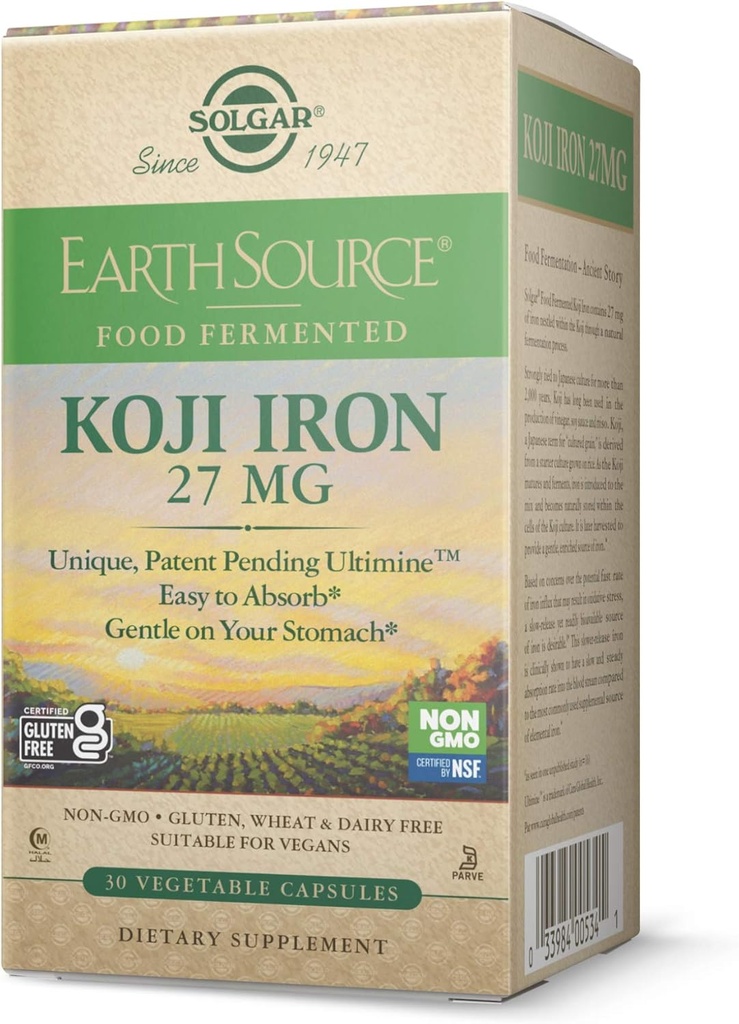 Solgar Earth Source Food Fermented Koji Żelazko 27mg, 30 Kapsułki wegetatywne - Wyższa absorpcja, Żelazo uwalniające słomę - Delikatnie na żołądku - Non-GMO, Wegan, Gluten Free, Wolny od mleka, Kosher - 30 Służenie