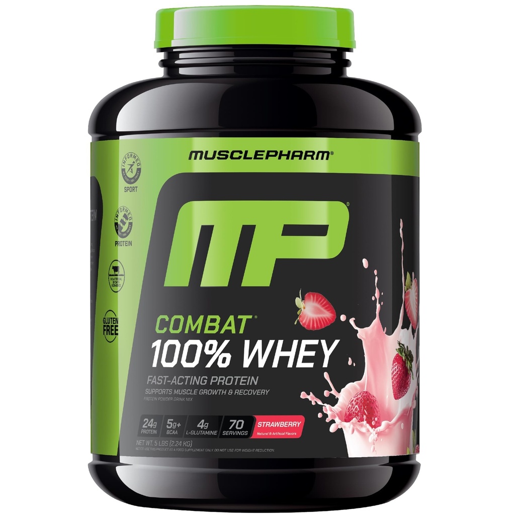 MusclePharm Combat 100% Proszek z białka serwatki, Flavor truskawkowy krem, szybki odzysk mięśni i izolatu białka serwatki, Wysoki Proszek proteinowy dla kobiet i mężczyzn, Gluten wolny, 5 lb, 70 Służenie