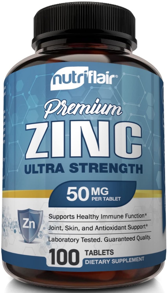 Nutric Flair Cynk Glukonian 50mg, 100 Tablets - Wysoka moc immunologiczny system uzupełniający pigułki, Immunitet obrony, Potężny naturalny przeciwutleniacz, Non-GMO, Porównaj z pikolinian cynku, cytrynian, tlenek