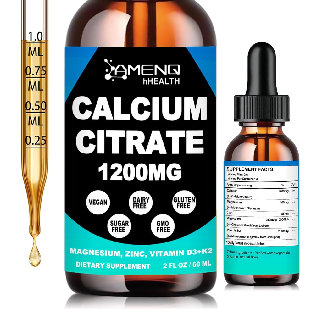 Calcium Citrate 1200 mg with Vitamin D3 K2 Liquid Drops for Bone, Teeth Health Support - High Absorption Liquid Calcium Magnesium Zinc D3 Supplement for Women & Men, Vegan, Sugar-Free, Non-GMO