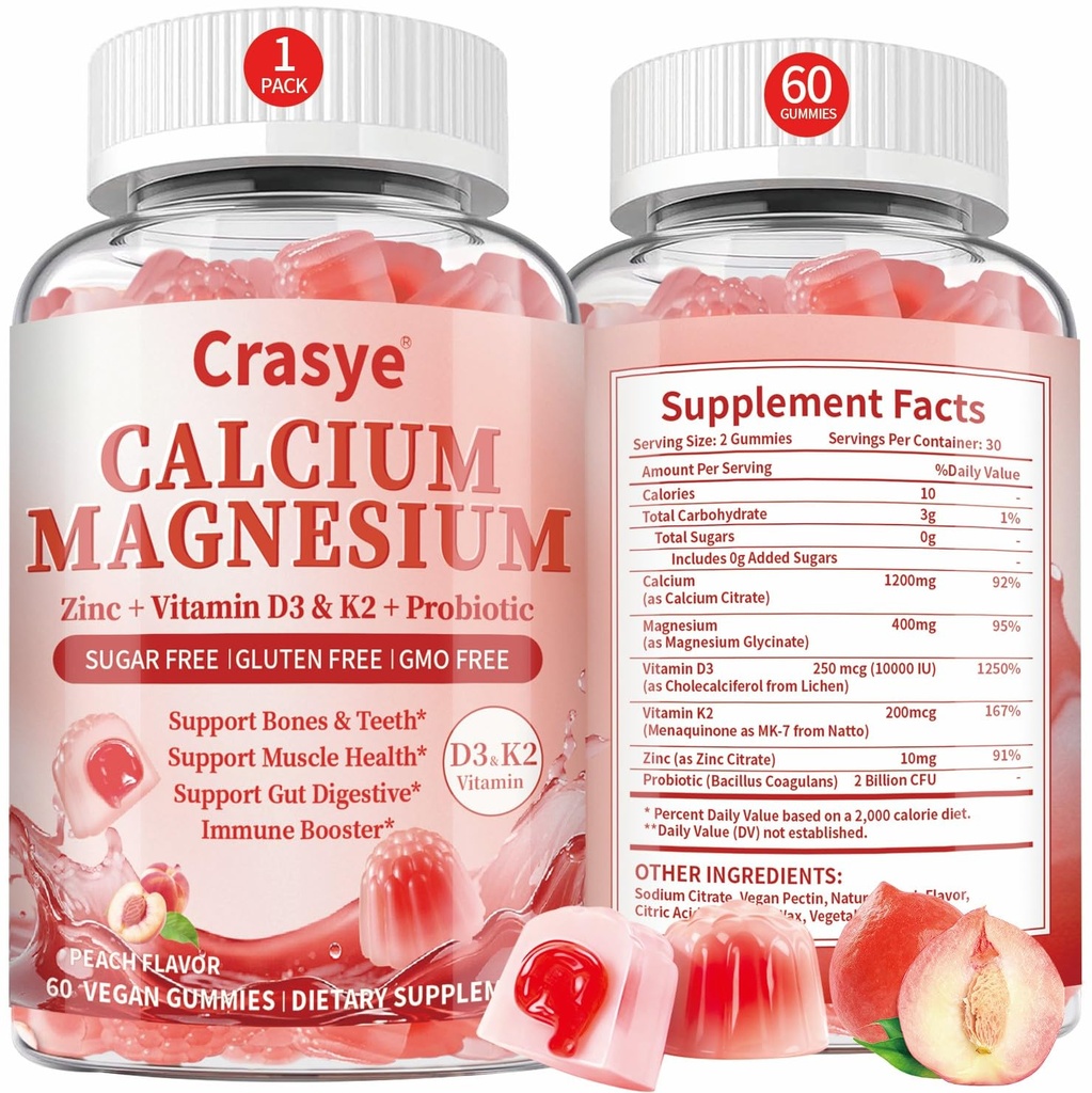 Calcium 1200mg Magnesium Zinc Gummies with Vitamin D3 K2 Magnesium Glycinate 400mg Supplements with Probiotic Calcium Citrate for Women and Men Bone & Teeth & Immune Support Sugar Free - 60 Gummies