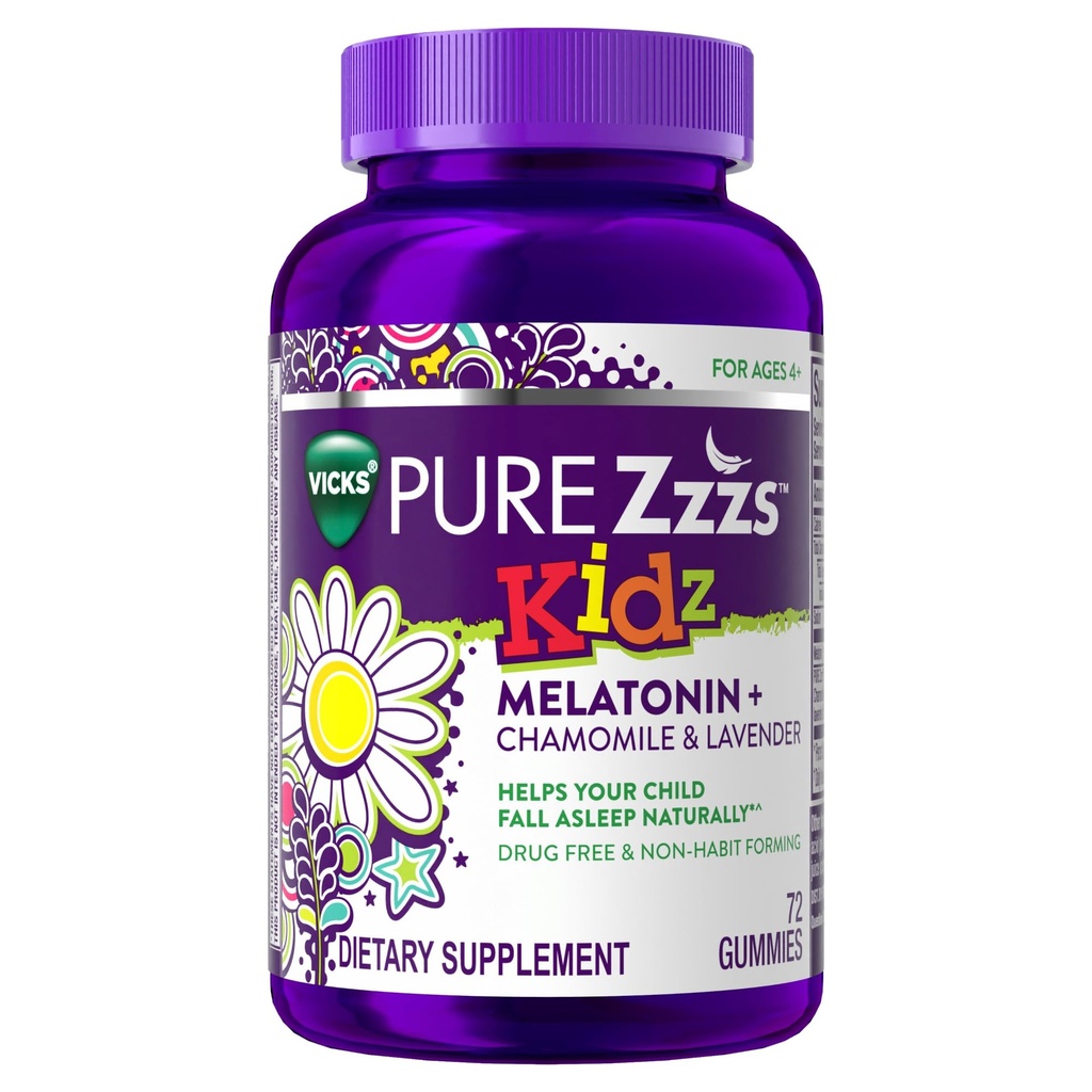 PURE ZZZS Kidz, Dzieci Melatonina Gummy, Pomoc senna, Niska ilość Melatoniny dla dzieci, z rumianku i lawendy, Melatonina 1 mg, Melatonina Gumies Dzieci, Berry Flavored, 72 Gummies snu