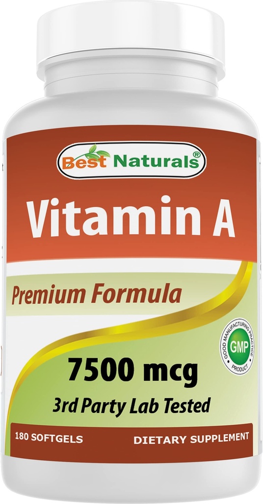 Best Naturals Vitamin A 25000 IU (7500 mcg), Non-GMO Formula Supports Healthy Vision & Immune System and Healthy Growth & Reproduction, 180 Softgels (180 Count (Pack of 1))