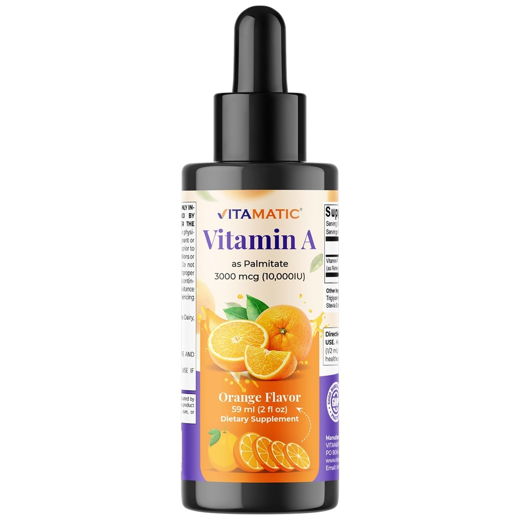 Vitamatic Sugar Free Vitamin A Liquid Drops 10000 IU (3000 mcg) as Retinyl Palmitate - Approximate 4 Months Supply - Immune Support, Eye Health, Skin Health - 2 FL OZ (59 ml)