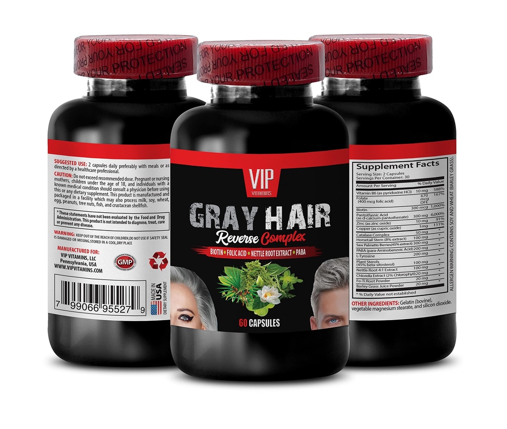 Gray hair reversal supplements - GRAY HAIR REVERSE COMPLEX - Fo-Ti Root Powder, Vitamin B-6, Horsetail Aerial Parts, Barley Grass Juice Powder, Hair restoration for men, Anti gray 1 Bottle 60 Caps