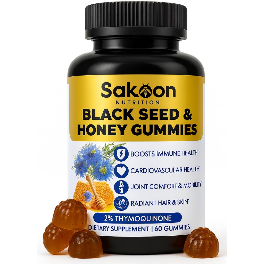 Sakoon nutrition Black Seed Oil Gummies with Honey and W/ 2%+ THYMOQUINONE - Nigella Sativa Seeds - Super antioxidant for Immune Support, Joints, Digestion, Hair & Skin - 60 Gummies