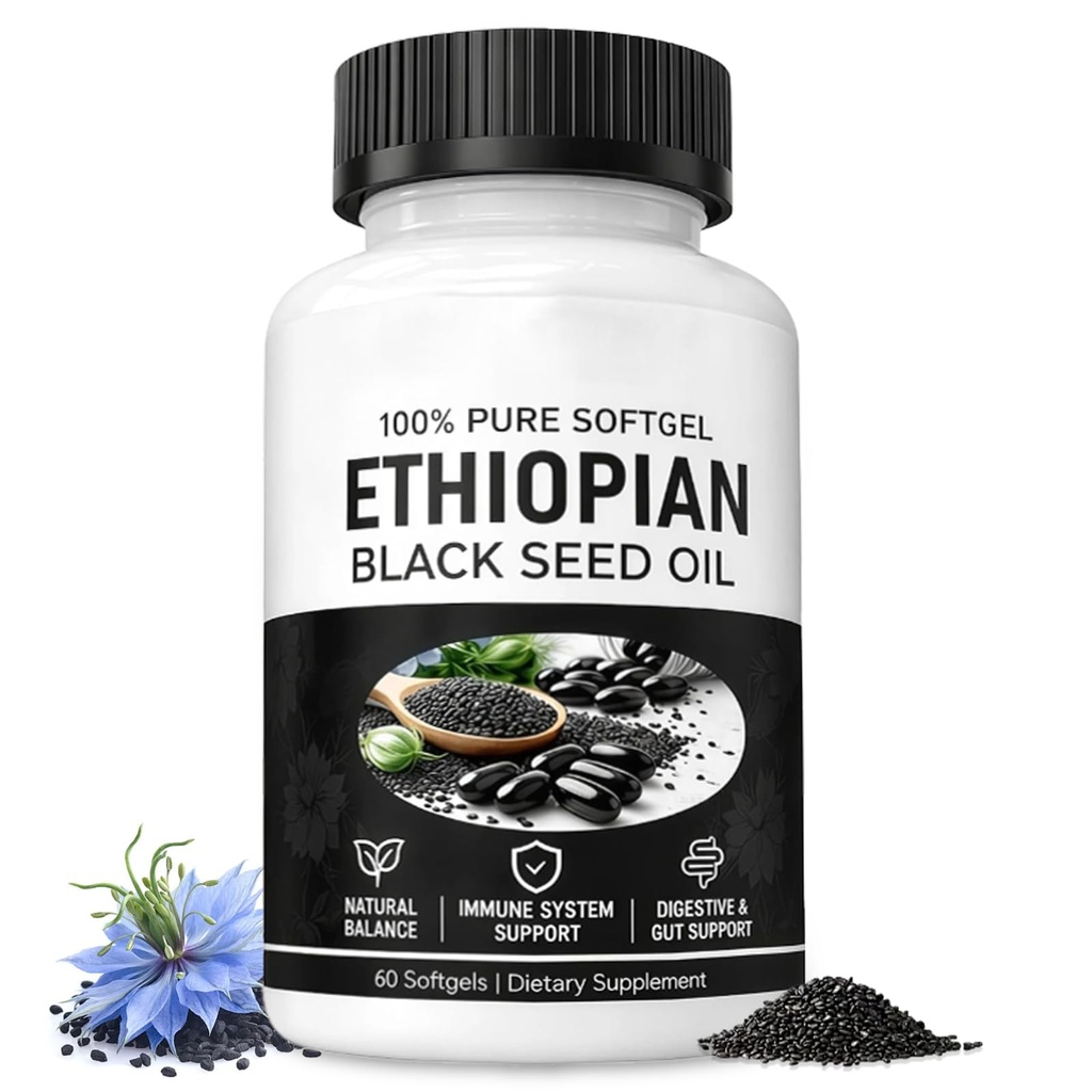tebazoew Ethiopian Black Seed Oil, Ethiopian Black Seed Oil Capsules 4.64% Thymoquinone, Immune Support & Digestion & Energy Booster, Non-GMO, Gluten-Free(60 Count)