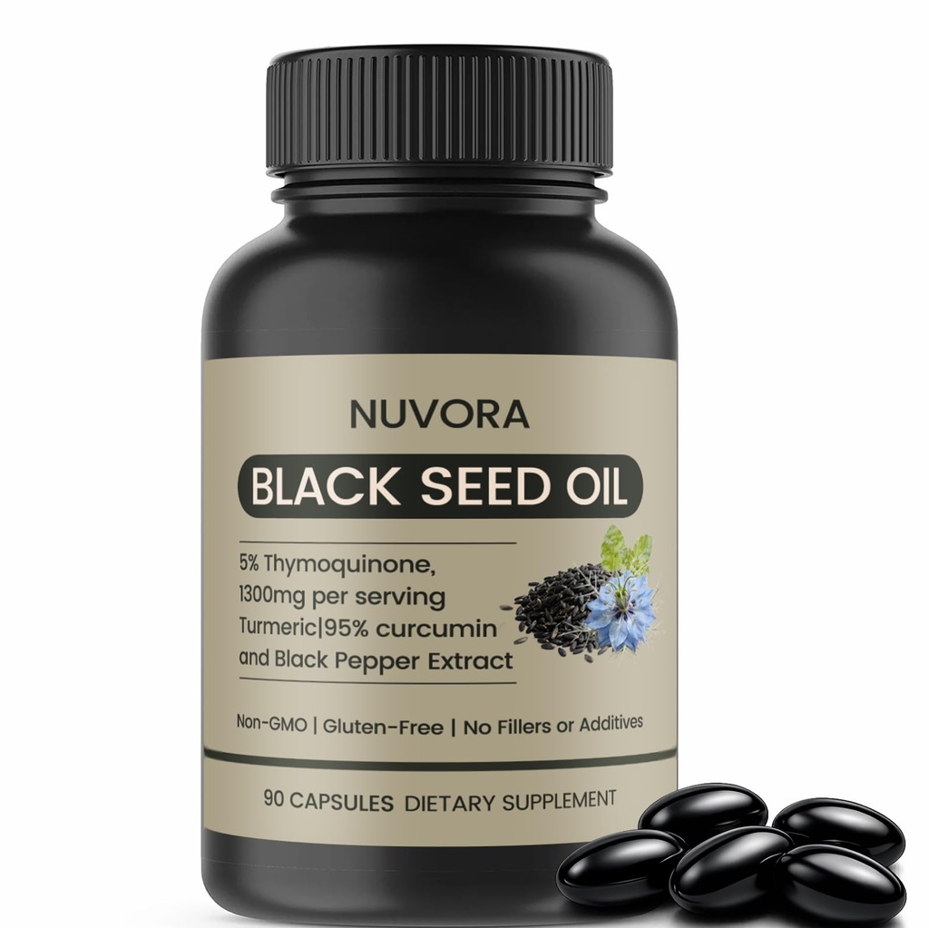 Nuvora Black Seed Oil Capsules with 5% Thymoquinone,Vitamin D3 & Omega, Cold Pressed, Non-GMO, Gluten-Free, Immune Balance & Daily Vitality,90 Count Softgels