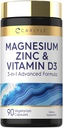 Carlyle Magnezu cynku i witaminy D3 124; 90 Kapsułki 124; 3in-1 Zaawansowana formuła 124; Wegetarian, Non-GMO i Gluten Free
