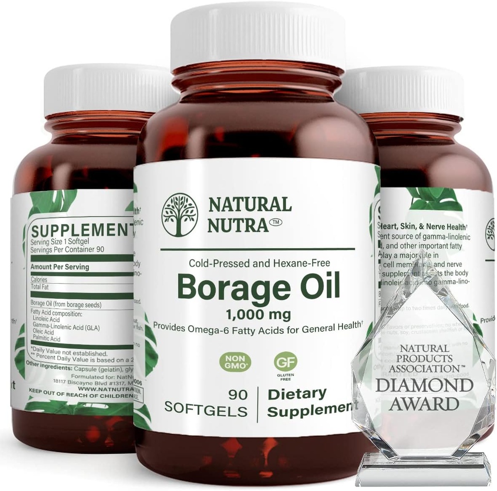 Natural Borage Oil Supplement - bogaty w kwas gamma- linolenowy (GLA), A Potent Omega- 6 Esential Fatty Acid Znany dla wspierania skóry, Nerwy i Joint Health 90 Softgels.