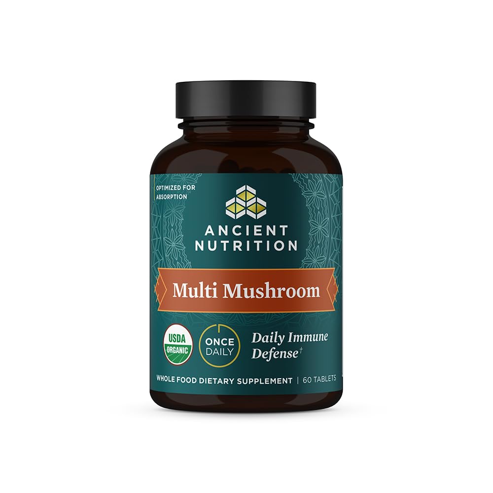 Ancient Nutrition Mushroom Supplement, Organic Multi Mushroom Immune Support Tablet, Wspomaga odpowiedź na stres, Gluten Free, Paleo i Keto Friendly, 60 Count