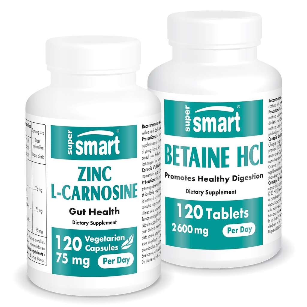 Supersmart - Cynk L- Carnosine + Betaine HCl Bundle (Gastric Health) 124; Non- GMO & Gluten Free - Kapsułki wegetariańskie