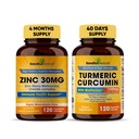 Sandhu Herbals Zinc 30 mg and Organic Turmeric Curcumin with Bioperine Black Pepper Extract | Supports Healthy Skin, Immune System, Joint & Healthy Inflammatory Support | Non-GMO, Made in USA