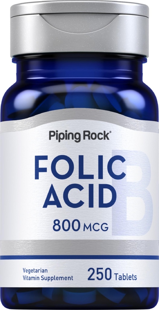 Piping Rock Folic Acid Supplement for Women and Men | 800 mcg | 250 Tablets | Maximum Strength Folate | Vegetarian, Non-GMO, Gluten Free