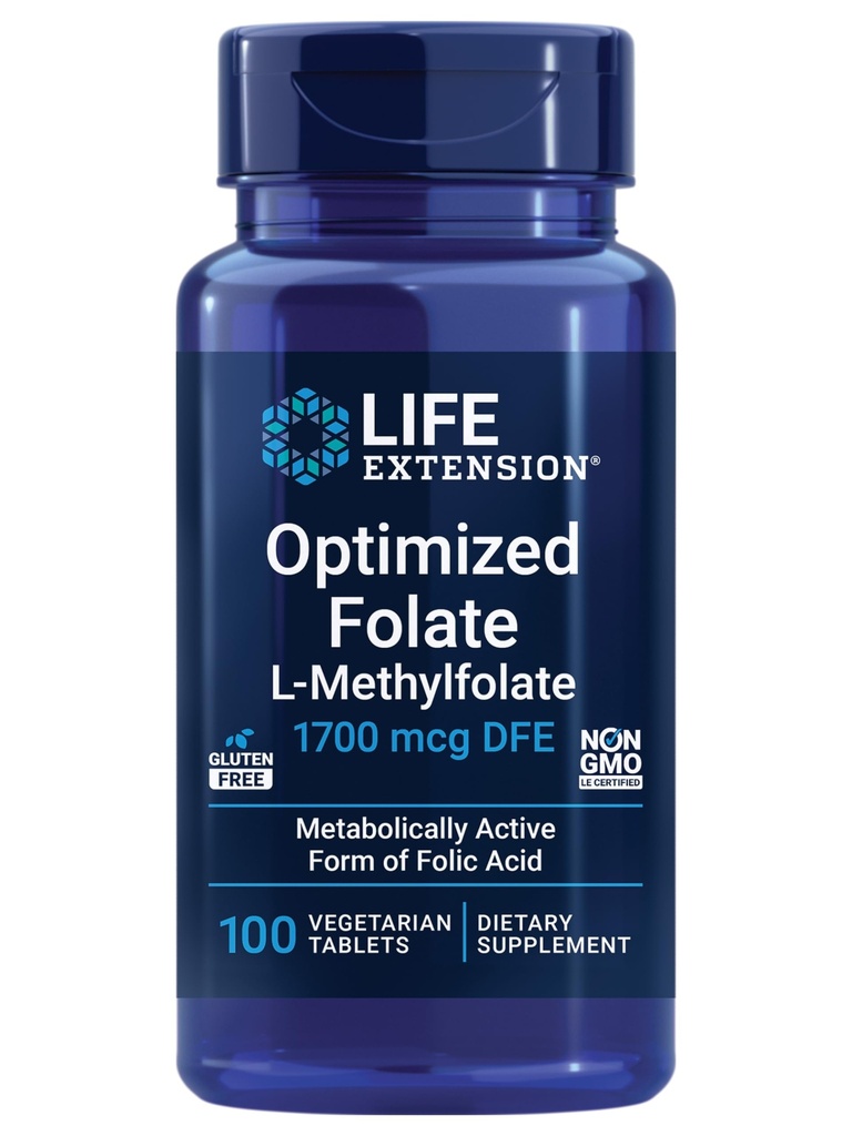 Life Extension Zoptymalizowany folian - L- metylofolian - Heart & Brain Support, Zdrowe poziomy homocysteiny - Nie-GMO, Gluten- Free, Wegetarianin - 1700 µg DFE, 100 Tabletki wegetariańskie