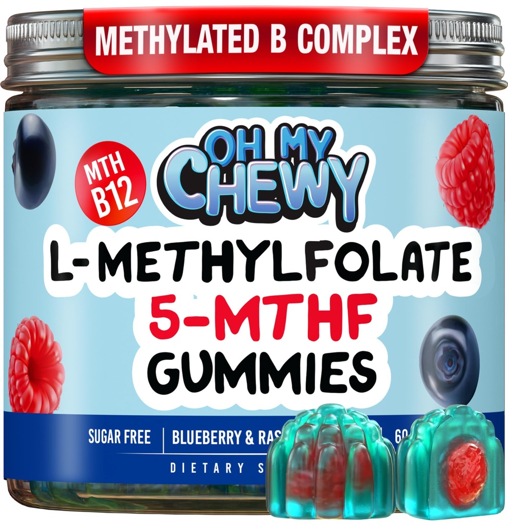 OH MY CHEWY Center- Napełniony 5-MTHF Folate L- Methylfolate Gummie - Bez cukru MTHFR Witaminy B Complex Support with Methylled B1, B6 and B12 Cofactor - Mood, Behavior, Cognition - 60 Count