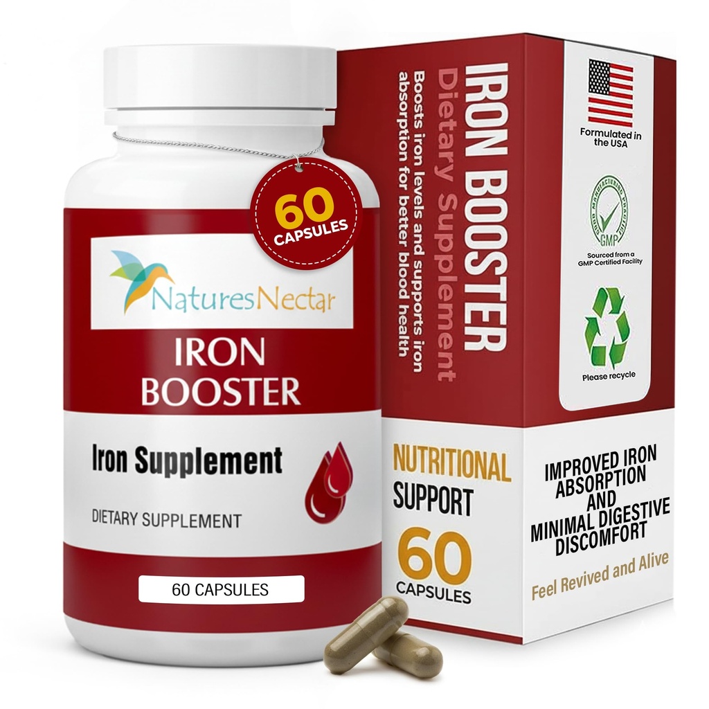 Nature's Nectar Blood Builder Iron Supplement for Men & Women – Slow Release Non-Constipating Iron Capsules with Vitamin B-12, Folic Acid & Vitamin C – Supports Red Blood Cell Production 60 Capsules