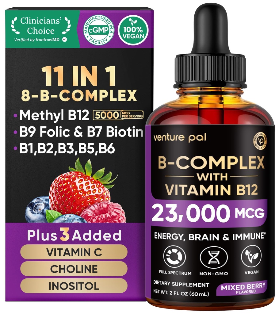 Venture Pal Witamina B Complex Liquid Drops, B12 Methylcobalamine Index 124; B9 Folic Tide 124; B1, B2, B3, B5, B6, B16 - Witamina C, Cholina, Inozytol, Immune & Energy Metabolizm, Mózg i wsparcie serca