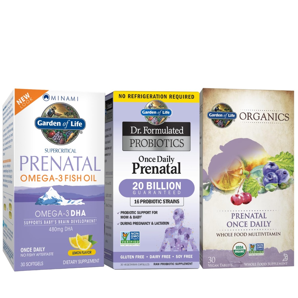 Garden of Life Prenatal Bundle: Organics Prenatal Multivitamin with Folate and Iron, DHA Omega 3 Fish Oil Supplement, Dr. Formulated Probiotics Once Daily for Mom & Baby, Capsules and Softgels