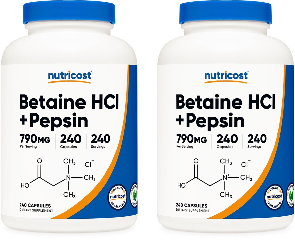 Nutricost Betaine HCl + Pepsin 790mg, 240 kapsułki, 2 butelki (480 kapsułek)