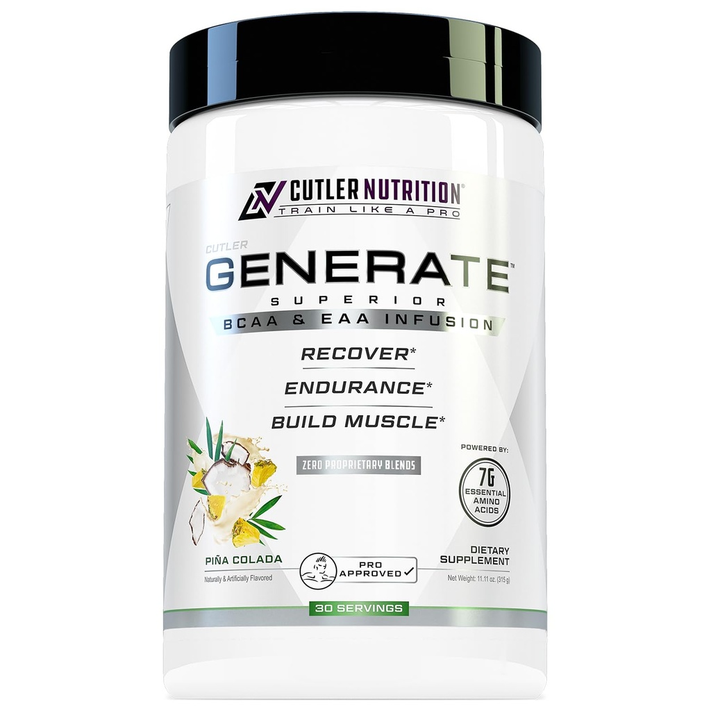 Cutler Nutrition Generować EAA i BCAA Proszek: Najlepszy rozgałęziony Acids Acids łańcucha z zasadniczymi aminokwasów, 5g BCAA, 2g EAA dla Lean Muscle Mass 124; Pina Colada, 30 Sług