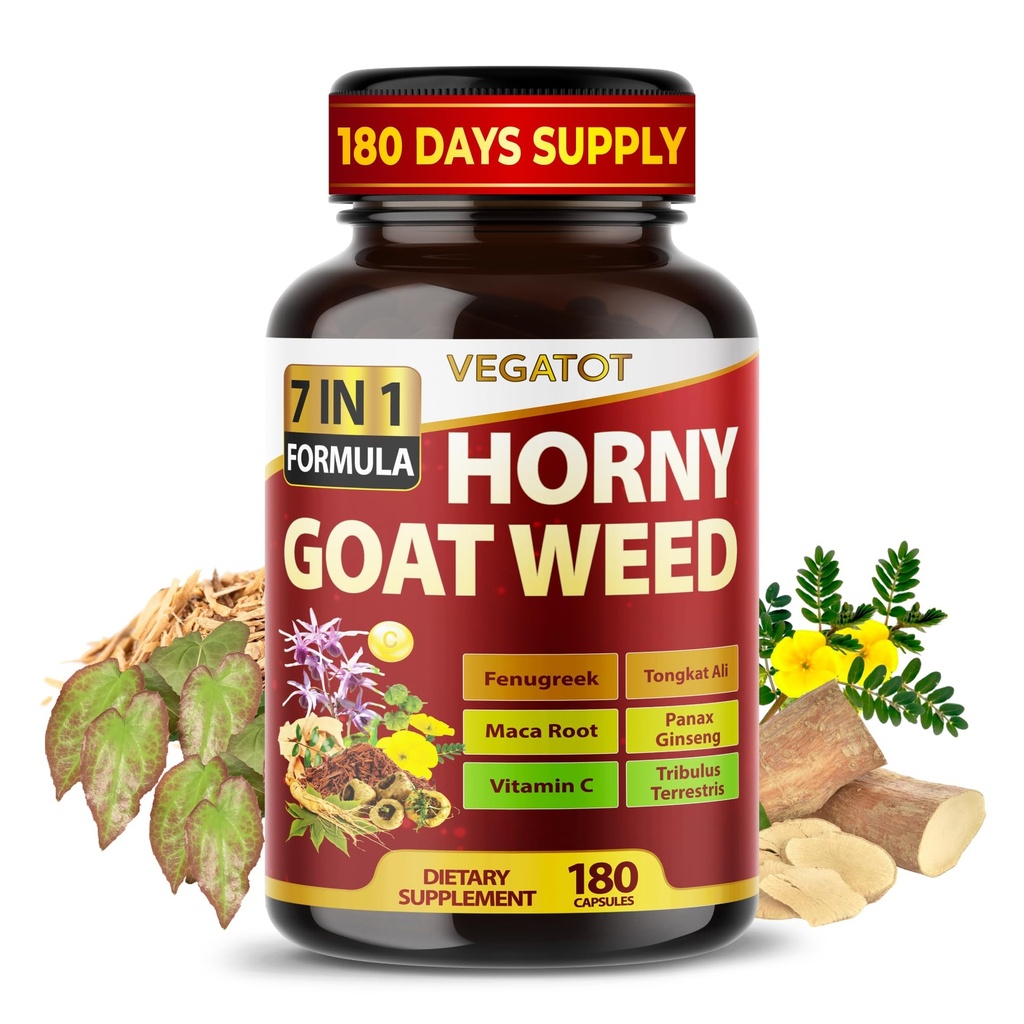 Napalone Goat Weed 600 mg z Yohimbine, Tongkat Ali, Maca, Tribulus & Panax Ginseng - 8- in-1 Siła i Vitality Support - 180 Kapsułki - Vegatot - Bezglutenowy, Laboratorium zweryfikowane