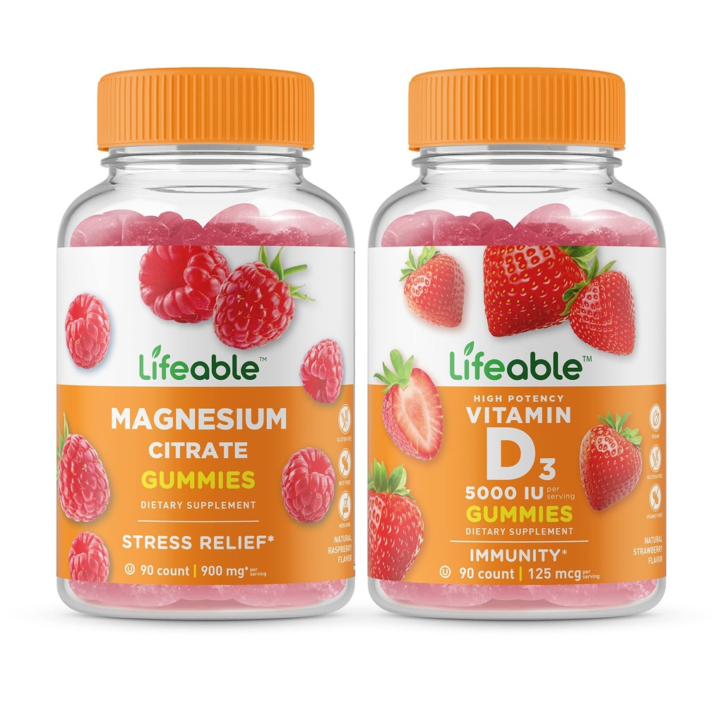 Żywy Magnez + Witamina D 5000 IU, Gummies Bundle - Wielki Degustacja, Suplement witaminy, Bez glutenu, Bez GMO, Gummy do żucia