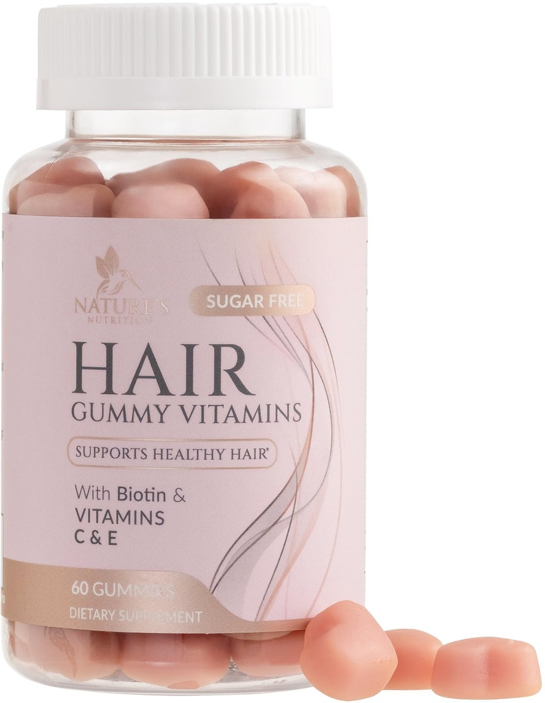 Hair Vitamins Gummies - Sugar Free Hair Growth Support Gummy with Biotin 5000 mcg Per Serving, Vitamin A, B12, C, D, E, Folic Acid - Supports Strong Beautiful Hair and Nails, Vegetarian - 60 Gummies