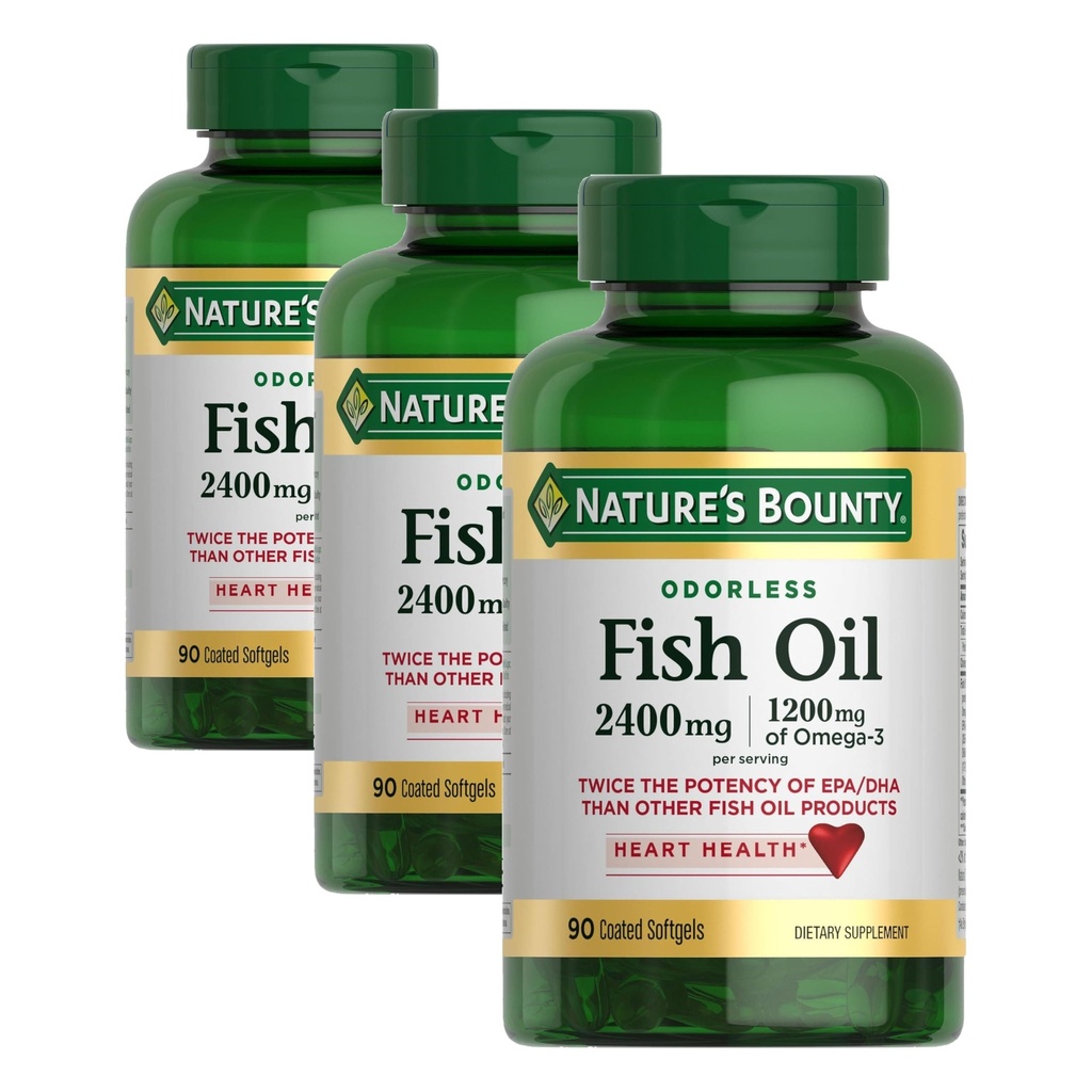 Nature 's Bounty Odorless Fish Oil, 1200mg Omega-3 per serving including EPA & DHA, Wspiera zdrowie serca, Oczyszczony do eliminacji rtęci, Powleczone softgels, Gluten Free, No Shellfish, 90 Count, (Pack of 3)