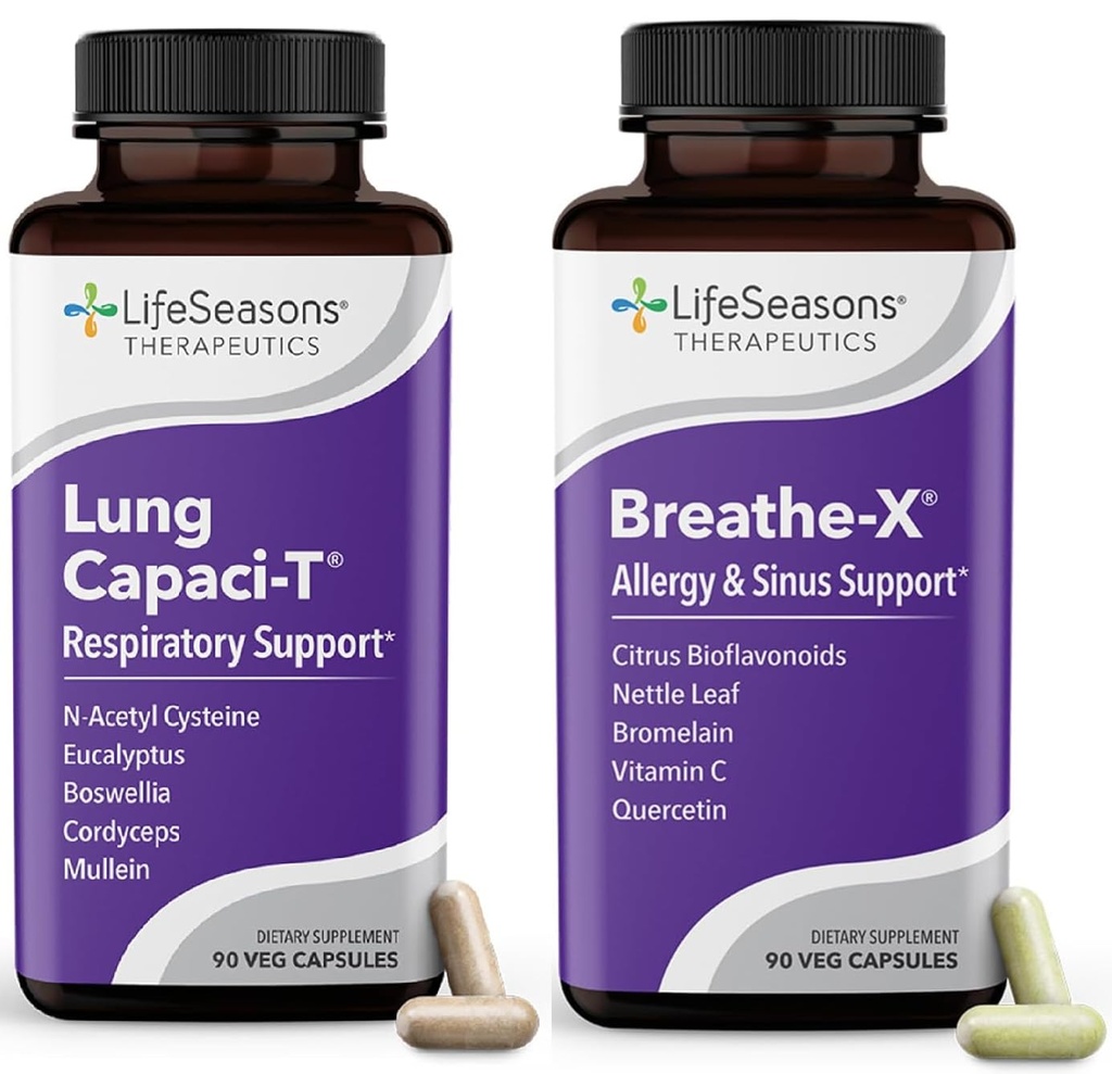 LifeSeasons Breathe- X z Lung Capaci- T - Alergia i Wspomaganie układu oddechowego - Szybkie działanie Relief zatokowy - Zwiększa pojemność tlenu i zmniejsza Mucus - 180 Kapsułki