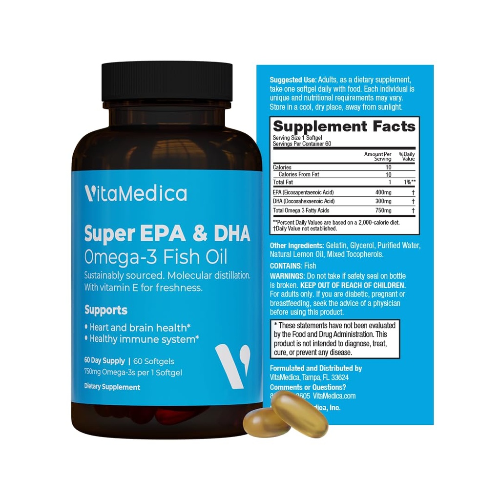 Super EPA / DHA Fish Oil 750mg of Essential Omega-3 Fatty Acids 124; EPA & DHA Acids 124; Heart Health, Brain Health, Immune System Health