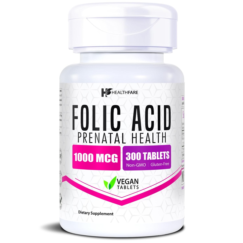 Healthfare Folic Acid 1000mcg Between 124; 300 Veg Tablets Between 124; Witamina B9 Between 124; Bez glutenu 124; Nie-GMO Between 124; Made in USA