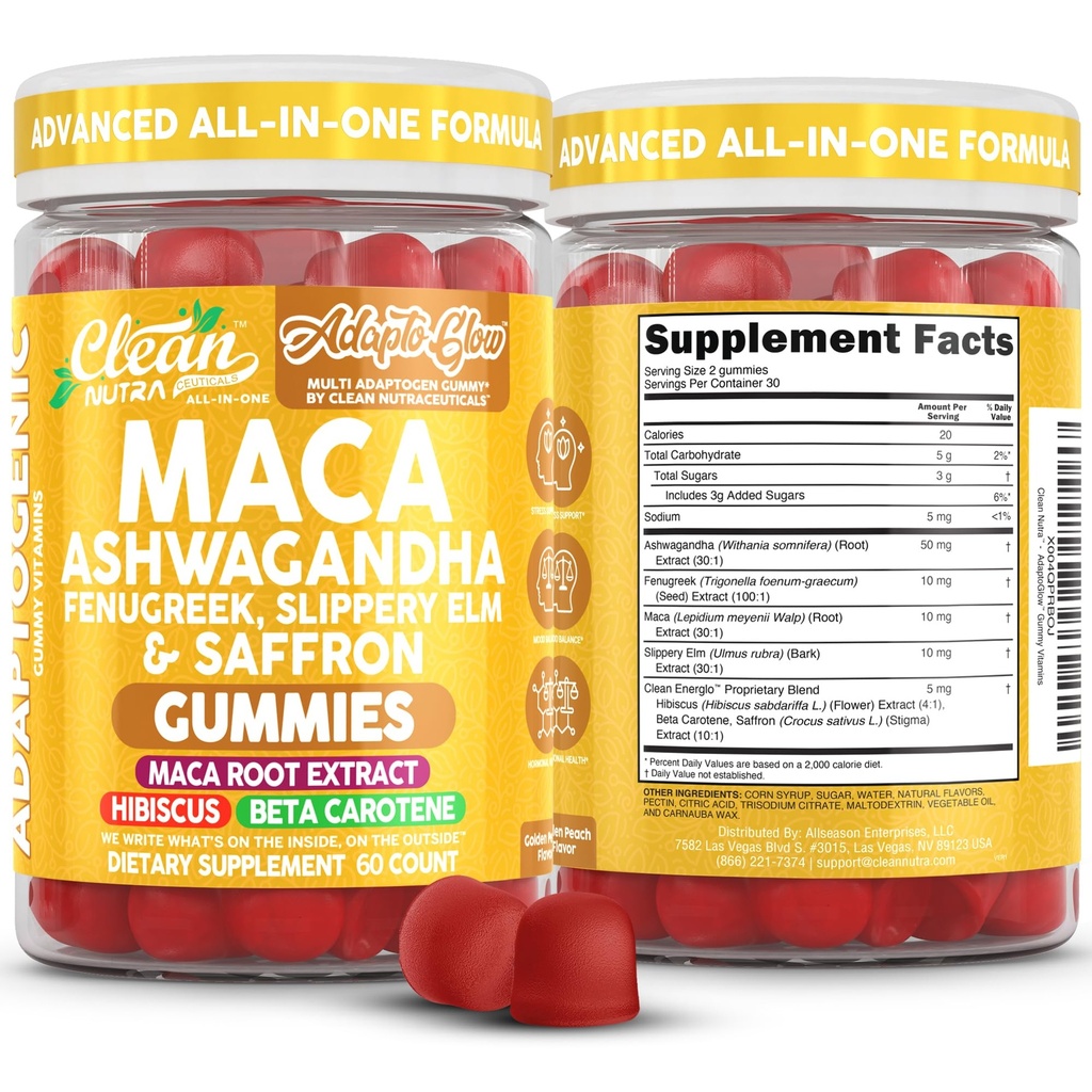 Clean Nutra Maca Root Gummies Ashwagandha Fenugreek Slippery Elm Saffron Hibiscus Beta Carotene Vitamin A for Women Macaroot Extract 60 Gummies Vegan Adaptogen Supplement Gummy Non GMO