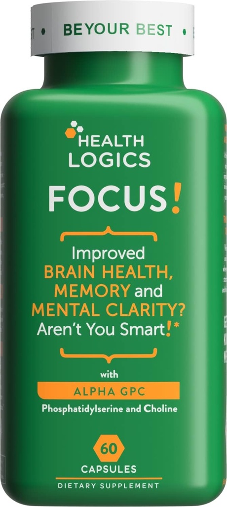 Health Logics Focus! - Suplement mózgu dla pamięci, klarowności, Koncentracja z Choliny, Ginkgo Biloba, Alpha GPC, Fosfatydyloseryna, Bacopa Monnieri l 60 Kapsułki l Non-GMO