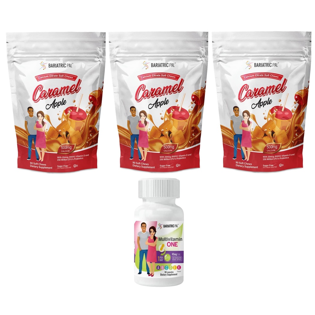 BariatricPal 90- Day Bariatry Witamina Bundle (Multivitamin ONE 1 dziennie! Kapsułka z 45 mg żelaza i wapnia cytrynian miękkie żucia 500mg z probiotyki - karmel jabłko)