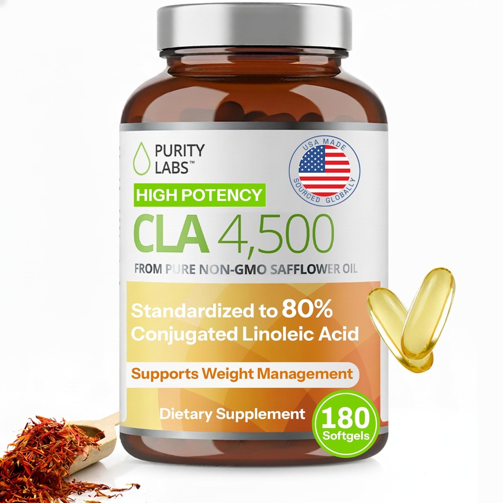 Czystość Labs CLA Suplementy 4500MG - Olej z krokosza barwierskiego niezawierający GMO - Pomaga w energii, utracie wagi, zdrowiu serca i zdrowiu mięśni - 180 Żelki miękkie