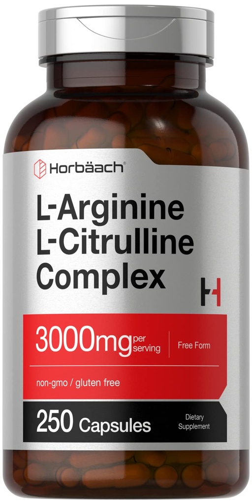 Horbäach L- Arginine L- Citruline Complex Xion124; 3000mg Xion124; 250 kapsułki Xion124; Non- GMO, Gluten