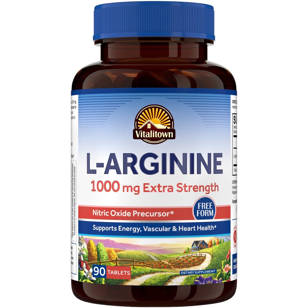 Vitalitown L- Arginine dla mężczyzn i kobiet, 1000 mg, suplementy uzupełniające tlenek azotu, No gluten, Non-GMO, Endurance, Trening, Blood Flow Support, 90 tabletek