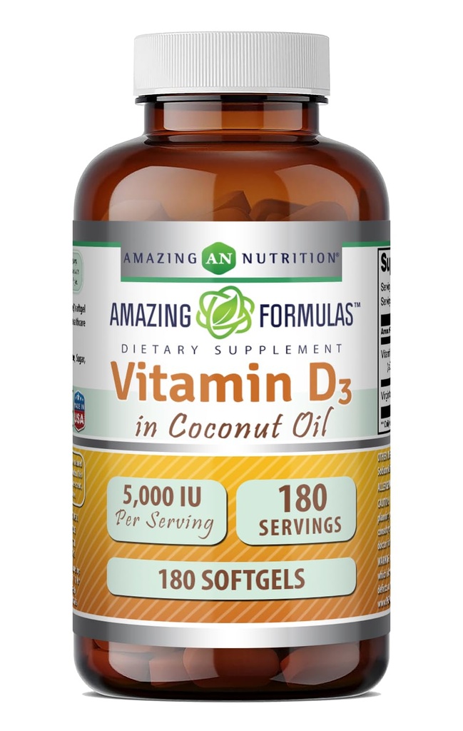 Niesamowite witaminy D3 z suplementem oleju kokosowego 124; 5000 IU na serwowanie 124; 180 Softgels 124; Non- GMO 124; Gluten Free Support 124; Made in USA