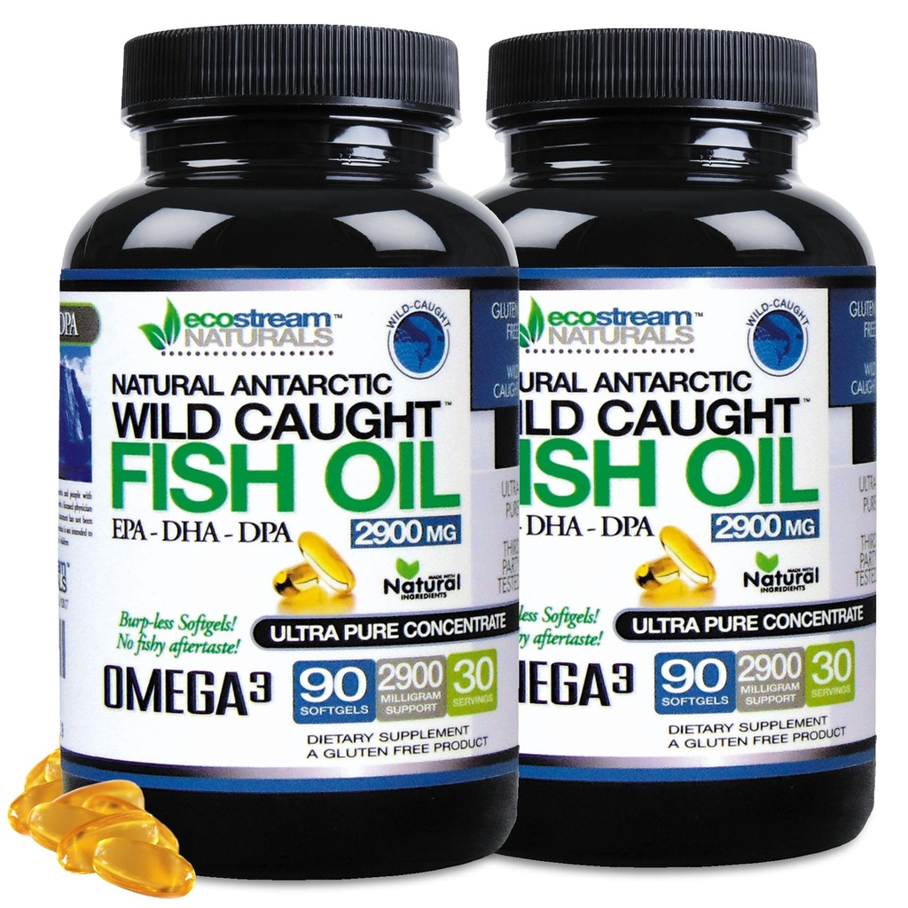 (Pack of 2) Natural Antarctic Wild Caught Omega 3 Fish Oil DPA- EPA- DHA Supplement 2,900 Miligrams Triple Strength Ultra Pure Concentrated SoftGels - No Fish Desting Burps