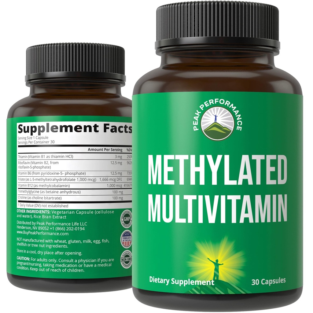 Metylowana multiwitamina + Metylowany kompleks B Suplement. Z trimetyloglicyną (TMG), metylofolianem L, metyloB12 + B1 + B2 + B6 Witaminy + Cholina. Suplement MTHFR dla kobiet i mężczyzn. Kapsułki wegańskie