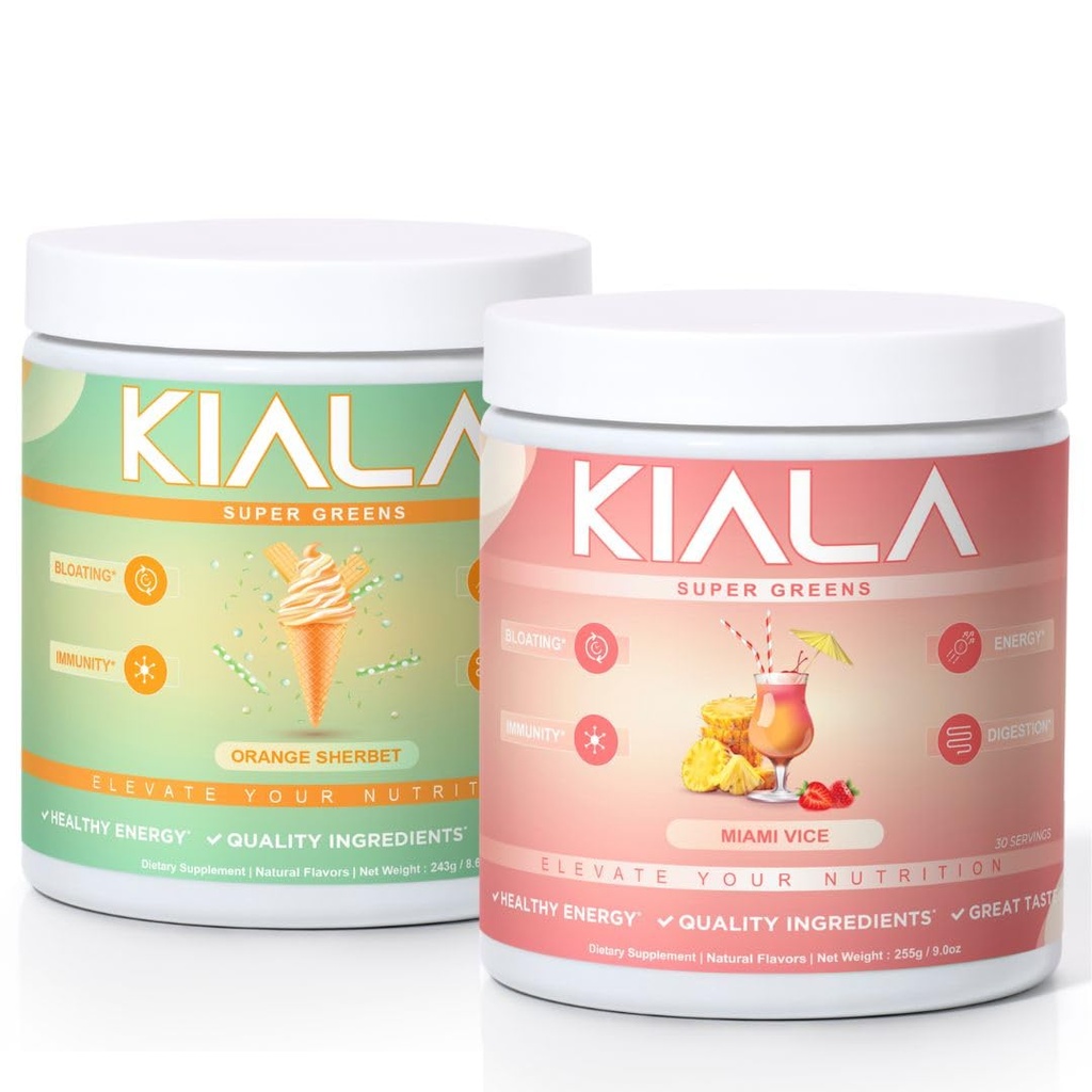 Kiala Nutrition Super Greens, Organic Greens Powder, Spirulina & Chlorella Superfood Powder, Sugar & Gluten Free Vegan, Spectra Blend, Orange Sherbet Miami Vice 2 Pack