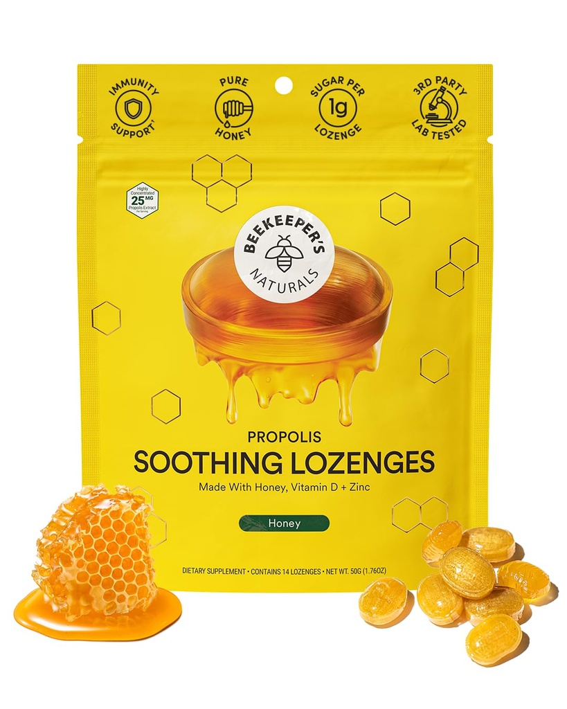 Soothing Honey Cough Drops - Wsparcie immunologiczne z witaminą D, Cynk i Propolis - przez Beekeeper Naturals - Throat Soothing Lozenges, 14 Ct