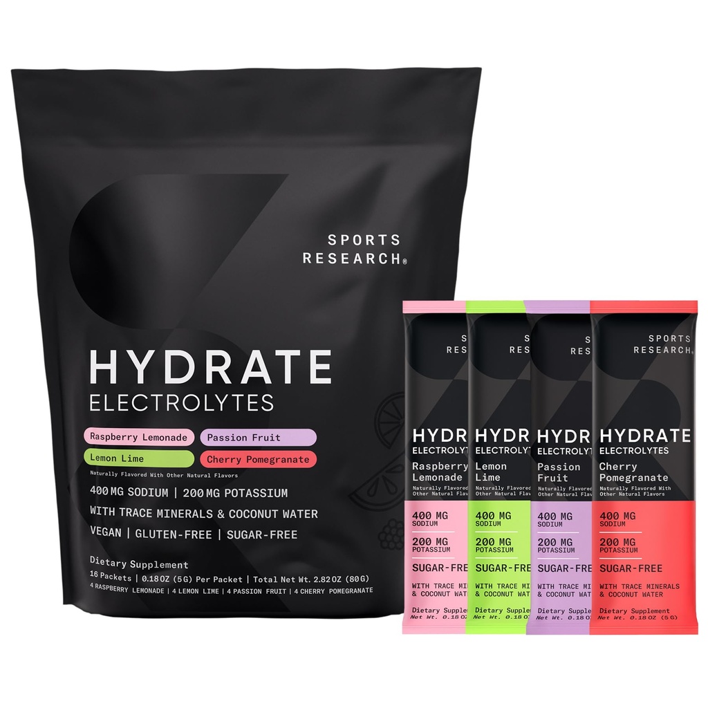 Sports Research ® Hydrate Electrolytes Powder Packets - Bezcukrowe & Naturalny aromat z witamin, minerałów i wody kokosowej - Wspiera nawadnianie - 16 Pakiety - Pakiet Variety