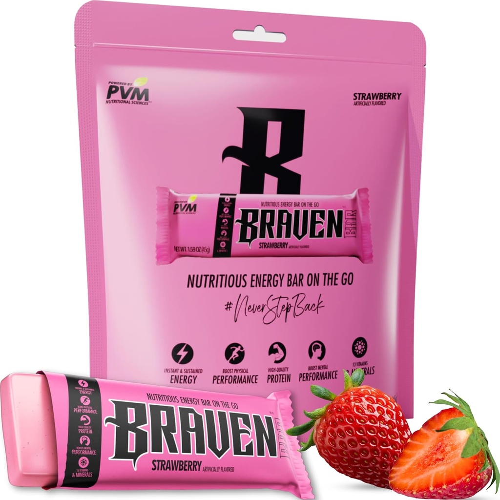 Braven Bar Strawberry Energy Bars (1.59 oz, Pack of 10) - Energy Chews Alternative z 5 g Protein - On- the- Snacks for Running, Turystyka i Sport - Gluten Free Snacks - Bary Protein
