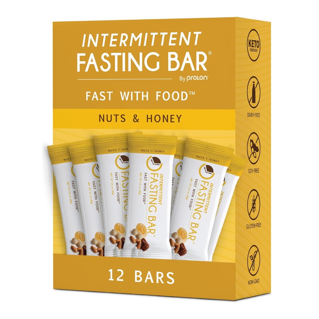 Prolon Batoniki postu 124; 6g Białko, 8g Fiber 124; Keto- Friendly, Gluten- Free, Dairy- Free, Plant- Based 124; Żywienie dla przerywanego postu 124; Przeznaczone do nie złamać szybko 124; Orzechy i miód (12 Hrabia)